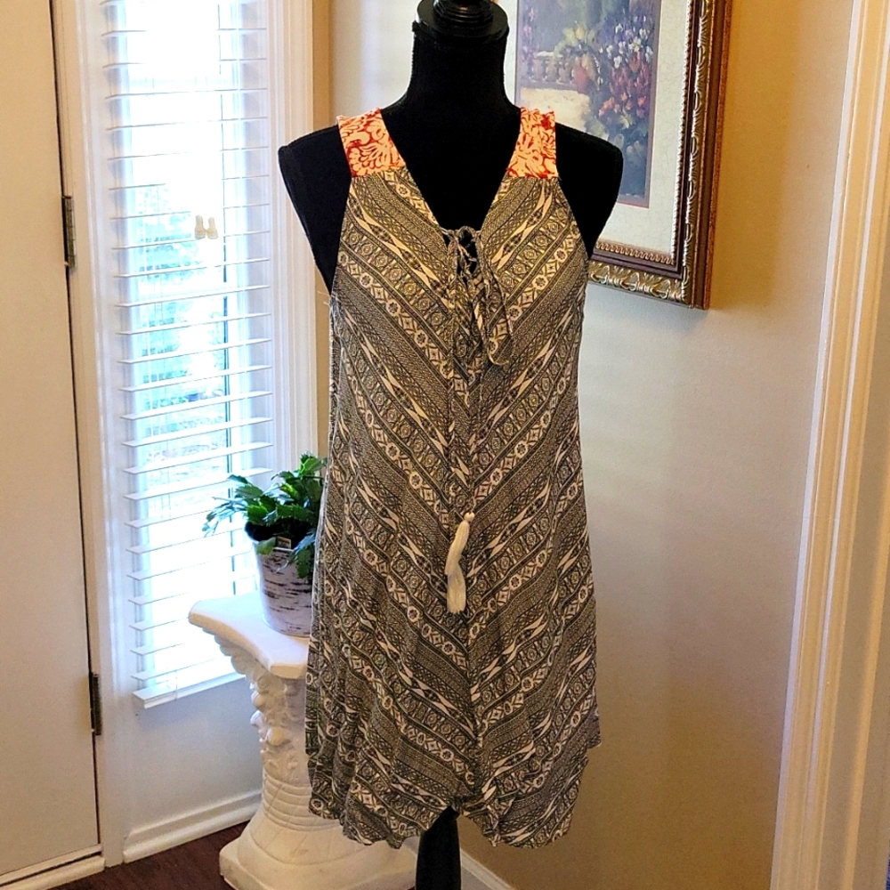Flying Tomato Red Blue Off White sleeveless dress tie front tassels Vneck M EUC…